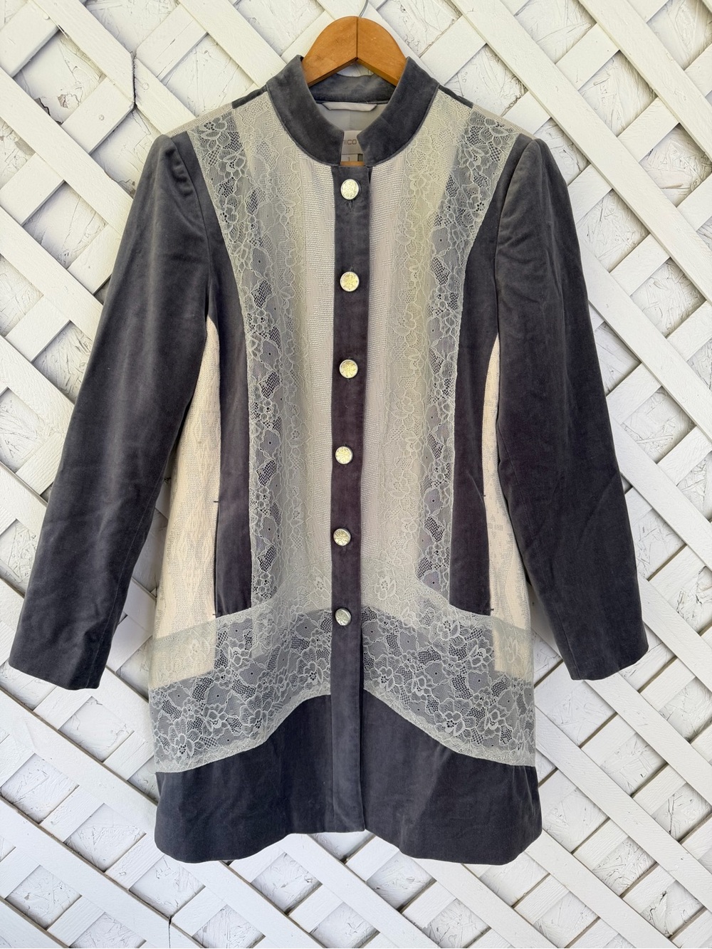 Chico's Silver Treasure Artisan Duster Jacket Lace Velvet size 1 M/8